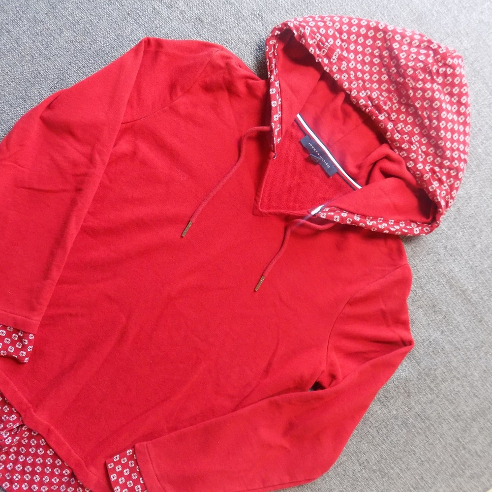 Tommy Hilfiger Hoodie Womens Medium Red Excellent Layered Floral Pullover